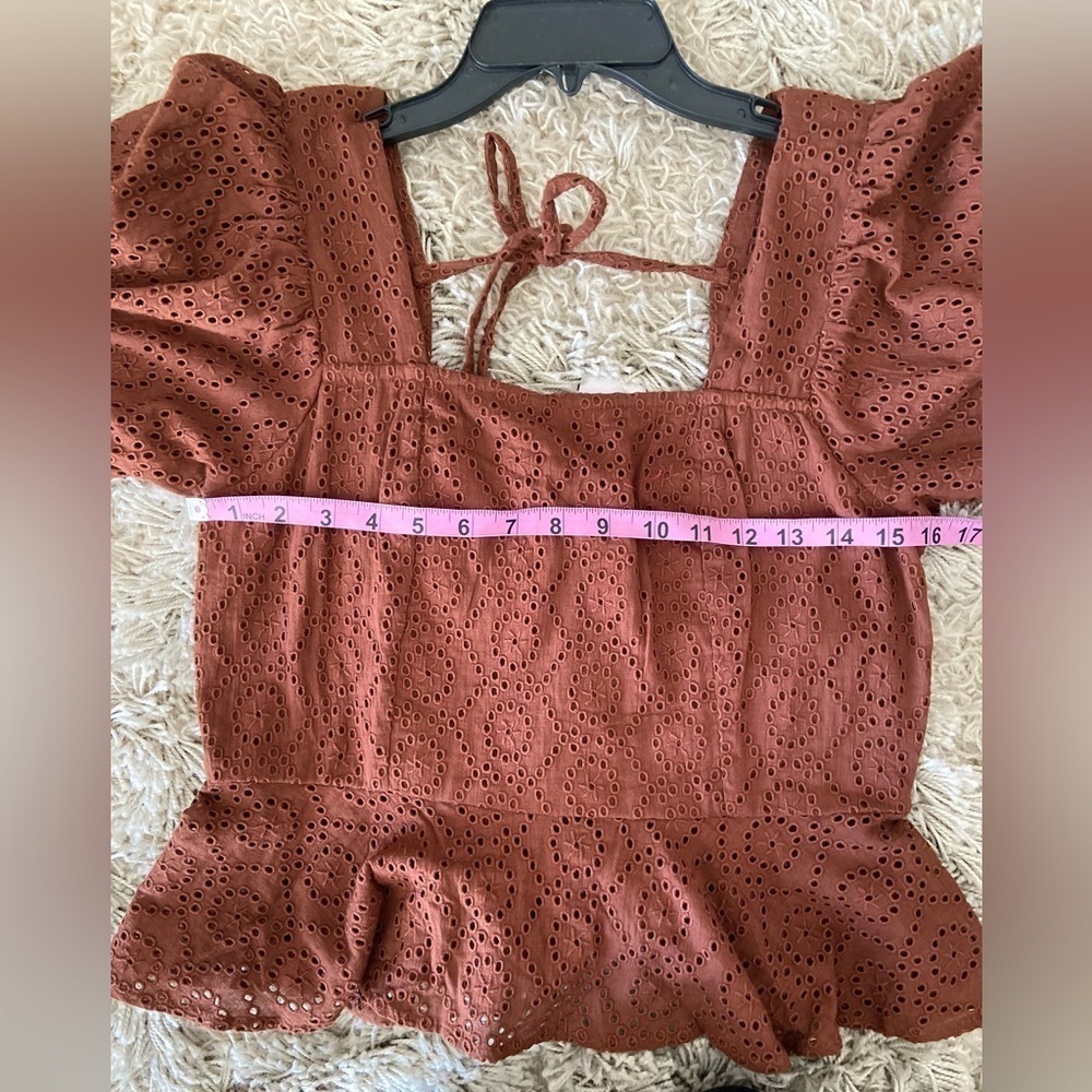 Band of the Free Women Size M Cottagecore Brown Eyelet Babydoll Smocked Tie Back - Picture 7 of 10